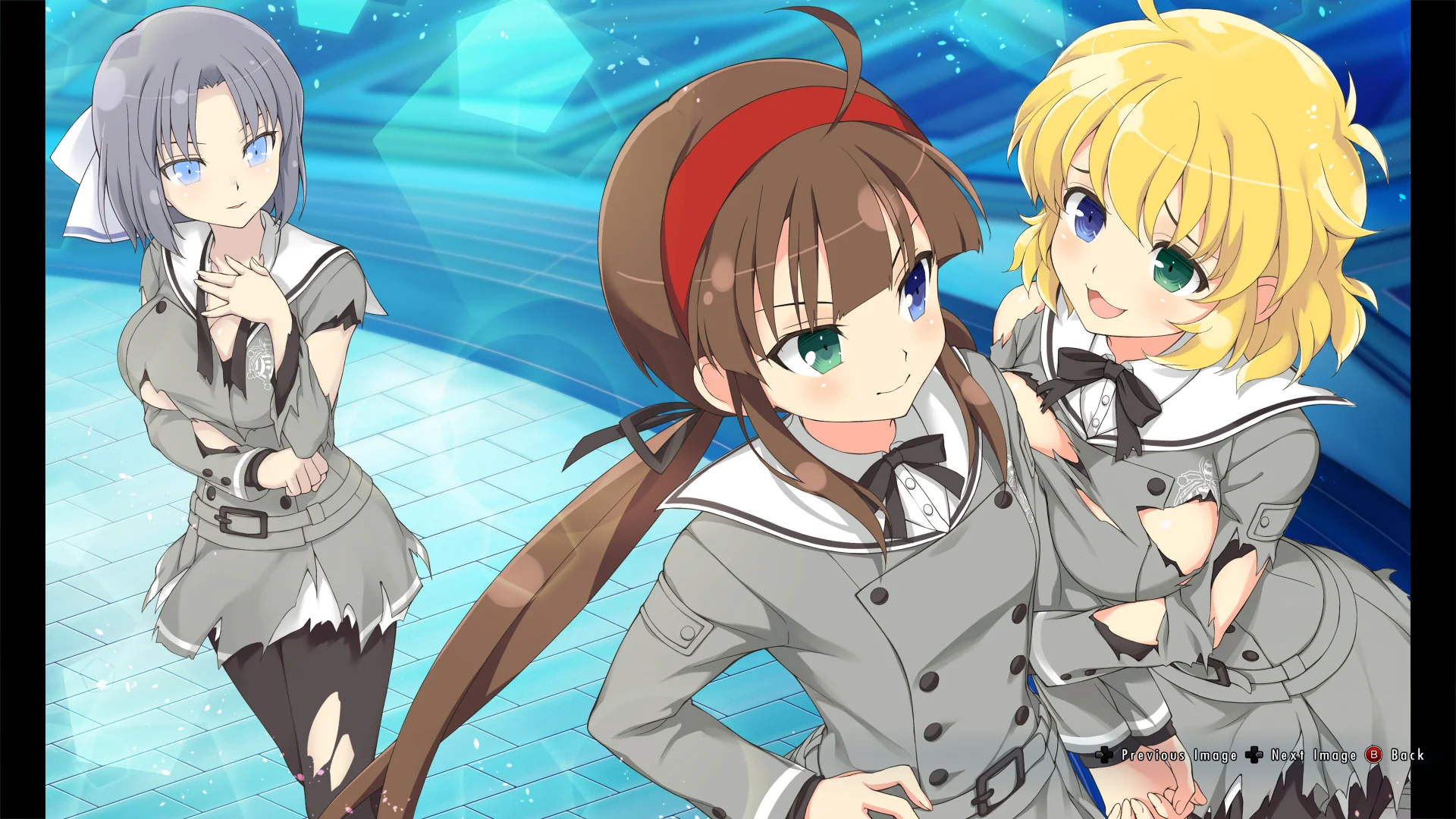 A CG image of Ryona holding Ryobi with Yumi in the background. All of the characters have slightly ripped clothes.