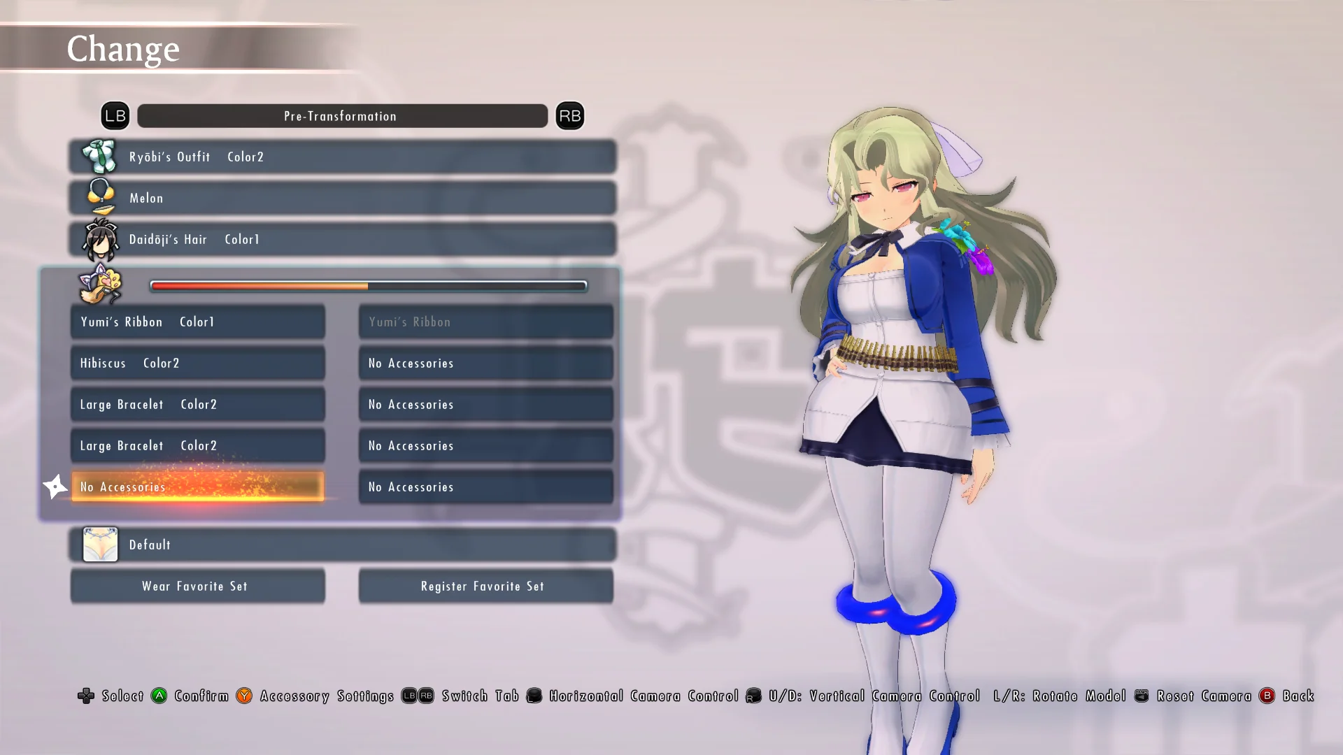 An example screenshot of character customization options, showing of Naraku with an altered outfit, hairstyle, and several accessories.