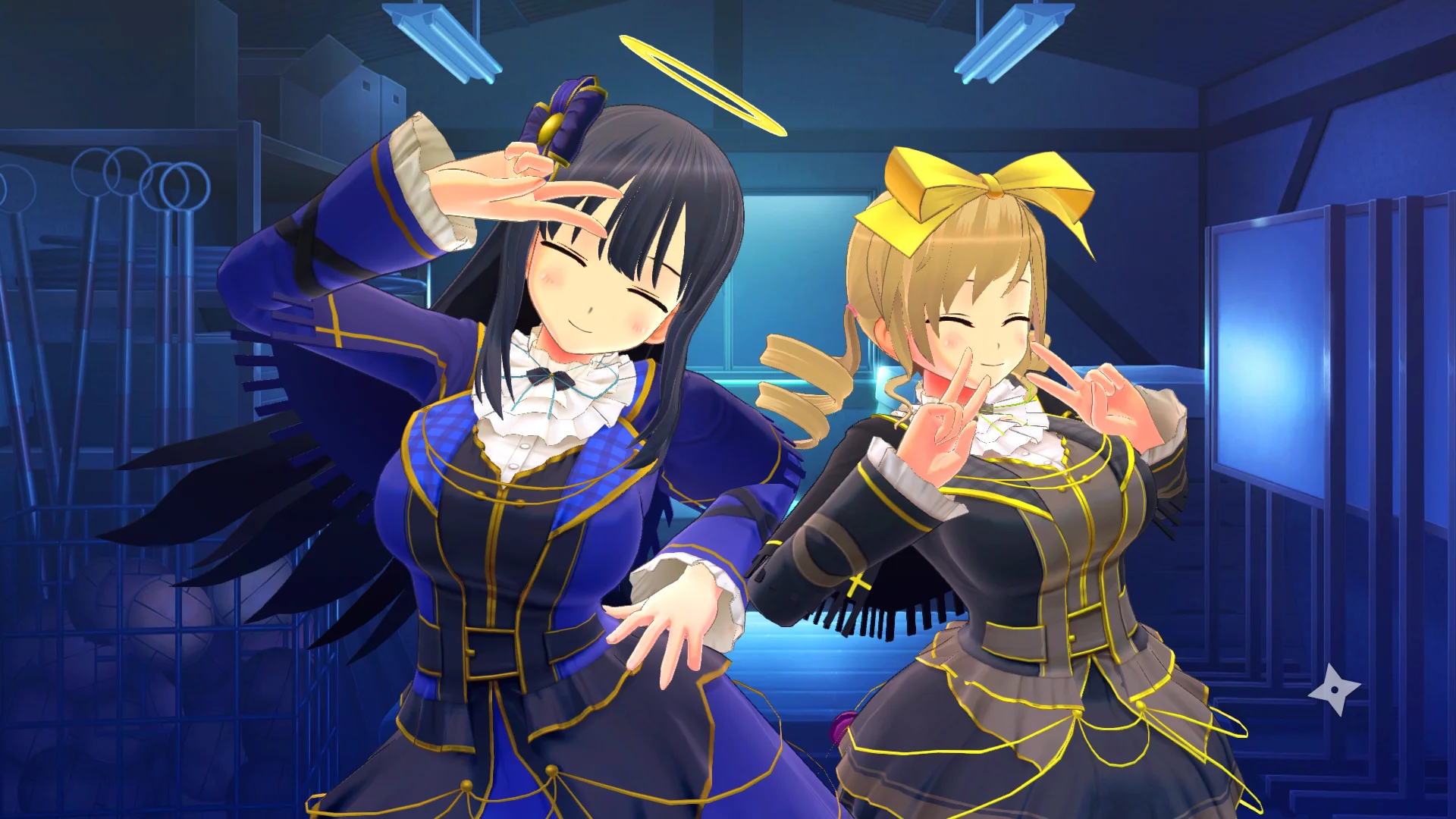 A screenshot of diorama mode with the characters Ryoki and Haruka standing side by side making peace signs.