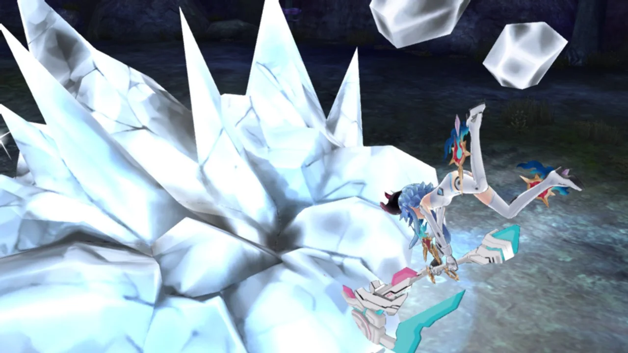 White Heart slamming her hammer down into a giant structure of ice spikes.