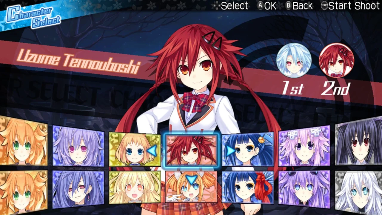 MegaTagmension Blanc's character select menu, including Uzume Tennouboshi!