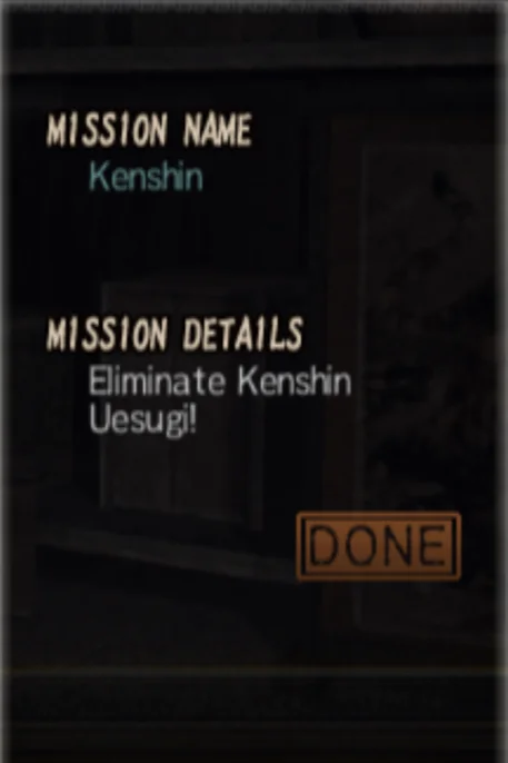 Mission Name: 'Kenshin', Mission Details: Eliminate Kenshin Uesugi