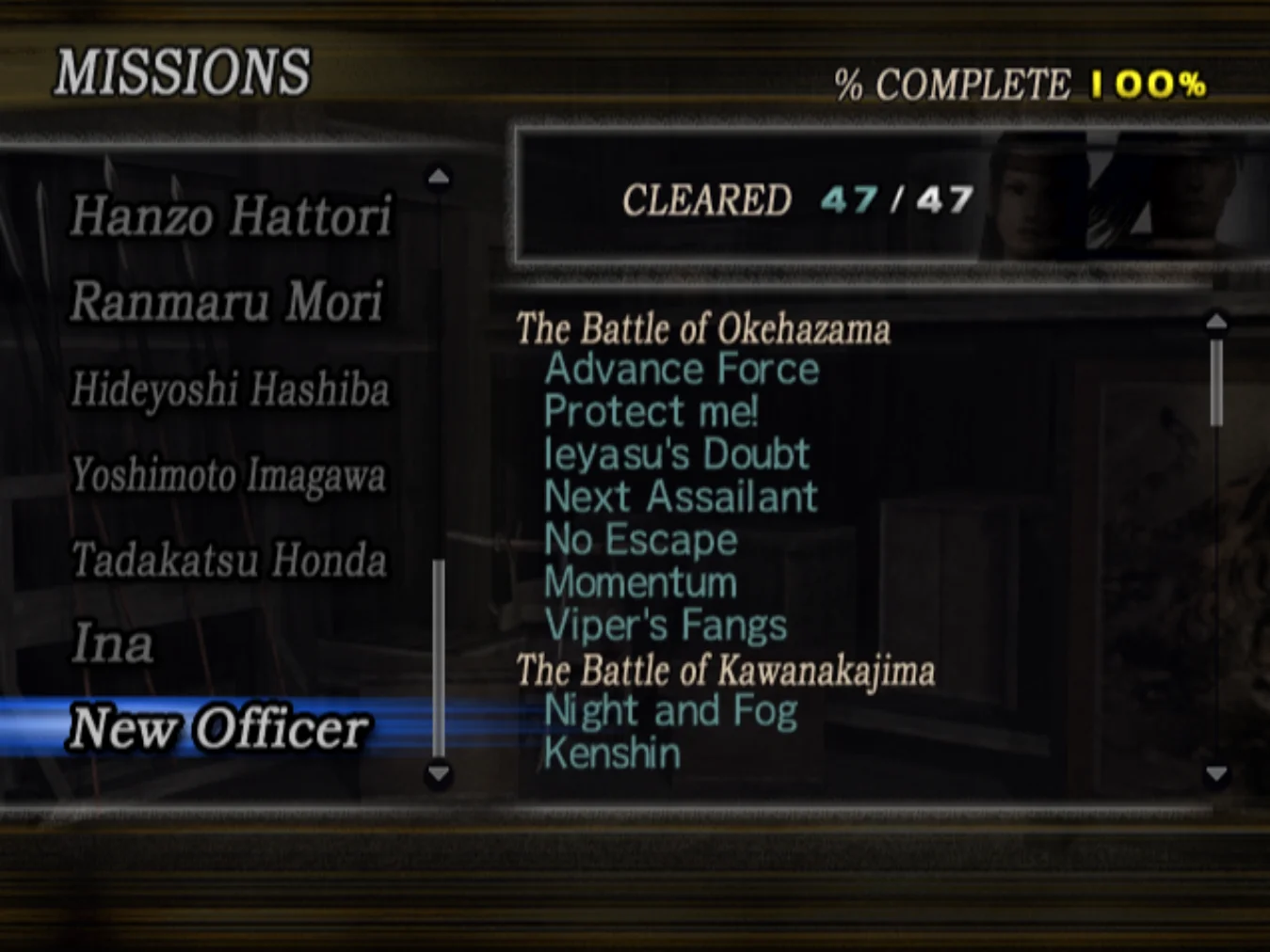 Samurai Warriors mission list with a 100% completion percentage and the cursor selected onto 'New Officer'