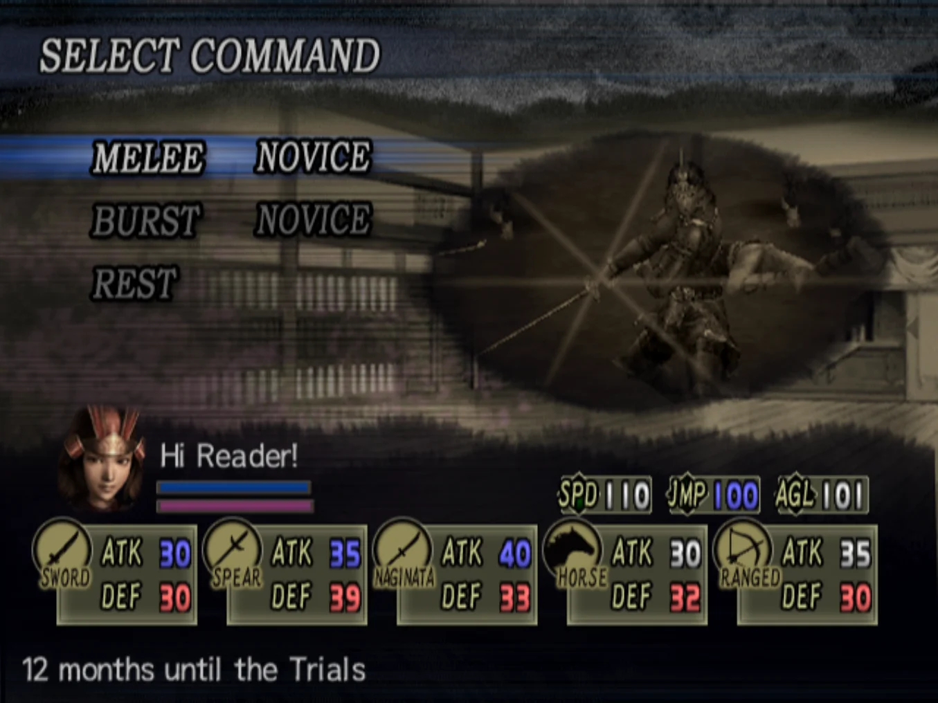 The New Officer Mode menu, with raising commands of 'Melee', 'Burst', and 'Rest' available.