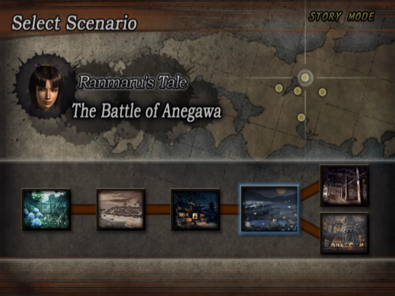 Ranmaru Mori's Story Mode route split, with the completion of a particular mission on the stage 'The Battle of Anegawa' leading to either a top or bottom path, each with a unique final stage.