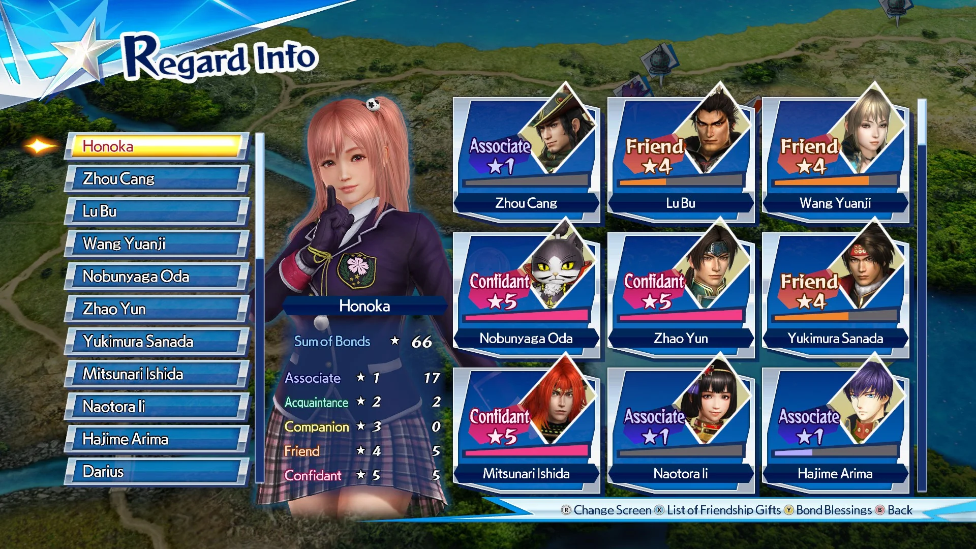 Warriors All-Stars's 'Regard Info' menu, showing Honoka with a variety of character bond ranks.