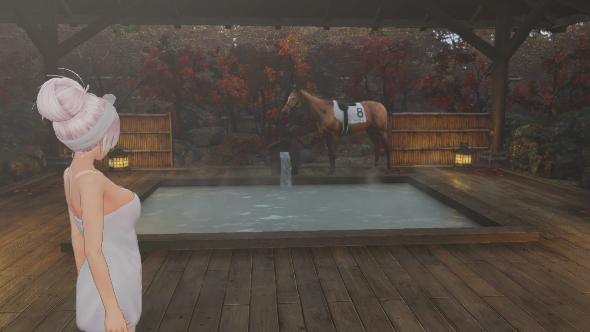 Arnice staring at a race horse standing in the hot springs.