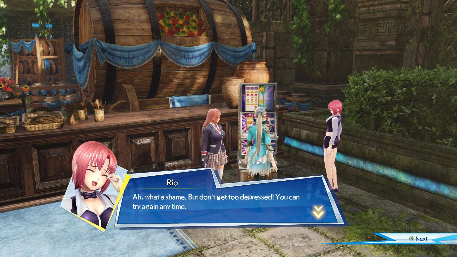 Honoka, Wang Yuanji, and Rio Rollins Tachibana standing around a colorful slot machine. Rio: 'Ah, what a shame. But don't get too depressed! You can try again any time.'