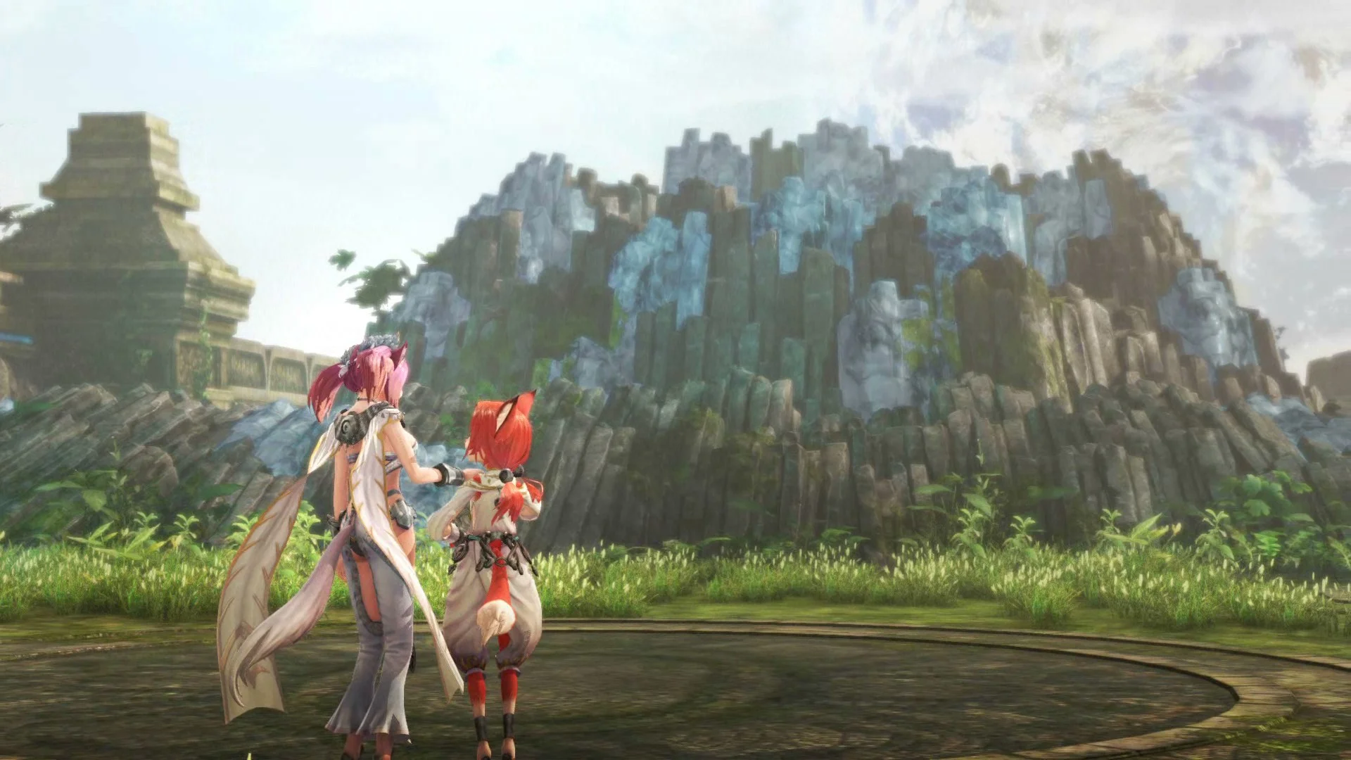 Warriors All-Stars intro cutscene screenshot, with Tamaki and Sayo looking at each other in front of the spring.